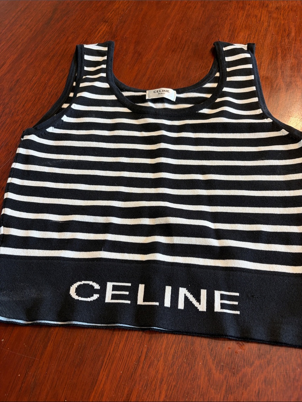Celine Black & White Striped Knit Tank with Logo Hem